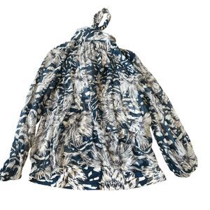 CHRISTY LYNN Teagan Blouse Womens Small Navy Lotus Silk Long Sleeve Tie Neck